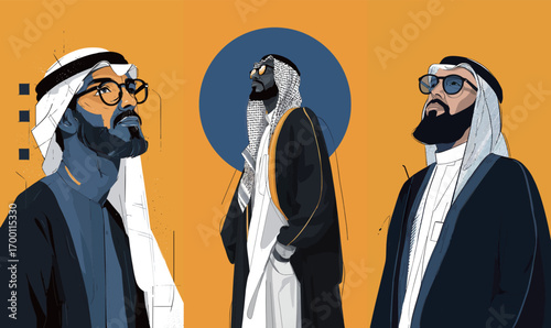 Three stylized figures of a man in traditional attire pose confidently against a bright yellow background, showcasing cultural heritage and contemporary art.