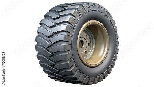 A heavyduty, offroad tire with a rugged tread pattern and a gold rim, isolated on a transparent background