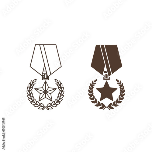 Two stylized military medals featuring a central star surrounded by a laurel wreath, presented in both outline and solid brown versions.