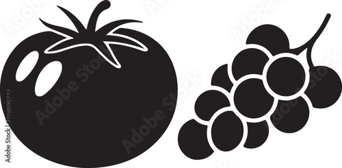 Tomato and Grapes Silhouette Vector Illustration on Transparent Background