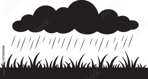 Rainy Day Silhouette Vector Illustration with Cloud, Rain, and Grass on Transparent