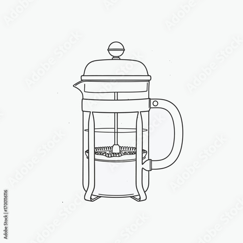 Line drawing illustration of a classic French press coffee maker with its plunger and filter mechanism, ready for brewing.