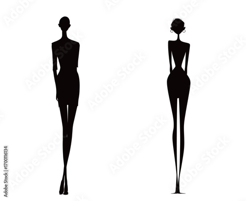 Two elegant fashion silhouettes present contrasting body shapes, emphasizing diversity in fashion design against a simple backdrop during a contemporary showcase.