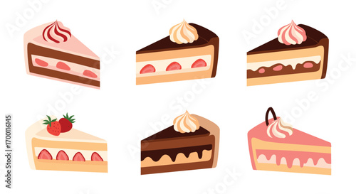 A collection of six delicious slices of strawberry and chocolate cakes with cream topping and fresh berries for festive occasions and celebrations