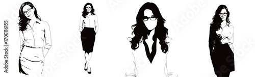 A business professional stands confidently in various stylish outfits, highlighting modern office fashion.