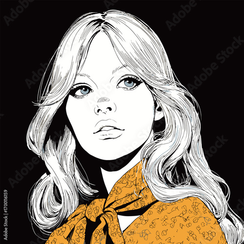 This striking portrait features a woman with long, wavy hair styled elegantly.