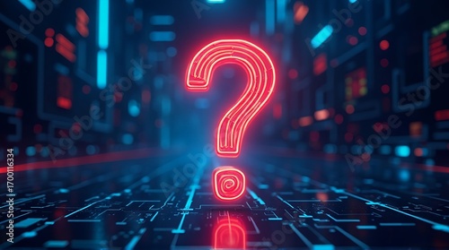 Modern tech question mark glowing neon red on blue circuit board background abstract concept