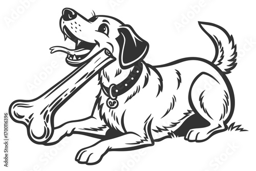 Happy dog chewing a large bone illustration