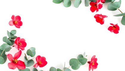 Floral frame, red blossoms, eucalyptus