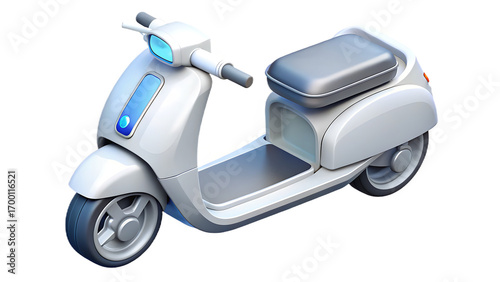 A sleek, modern white electric scooter with blue accents, isolated on transparent background