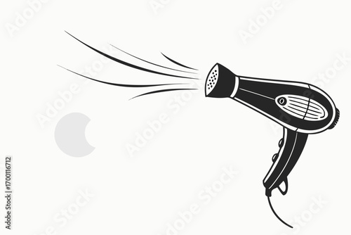 Stylized black hair dryer emitting air streams