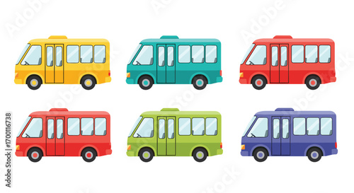 A collection of colorful minibuses and compact vans depicting various transportation options for school or public use