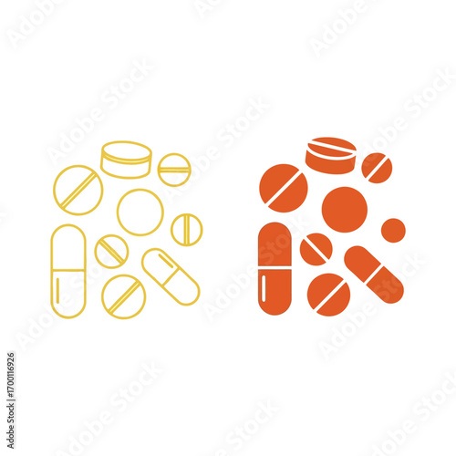 Two distinct groups of medical pills and capsules, one outlined in yellow and the other filled in orange, representing medication concepts.