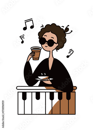 A person relaxes at a piano with a coffee cup in one hand and a plate of food in the other, enjoying the music and ambiance in the cafe.
