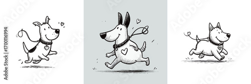 Three adorable dogs in a cartoon style are happily running with their leashes. Each dog displays a unique personality, radiating joy and excitement.