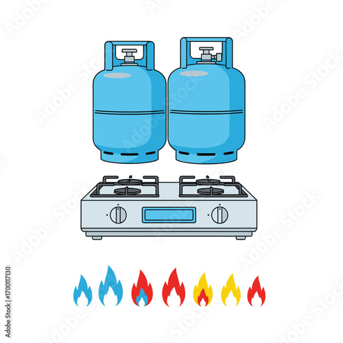 Illustration of a portable gas stove with two propane tanks and a series of colorful flame icons representing cooking energy