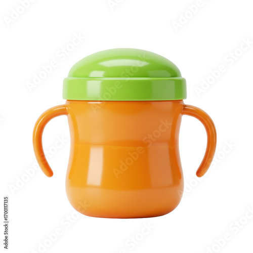 Orange and green plastic sippy cup isolated PNG with Transparent Background