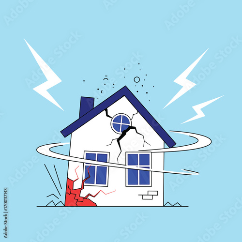 Illustration of a damaged house experiencing severe structural stress and cracking due to an external force or event