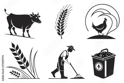 Farm and agriculture icons featuring livestock crops and farmer