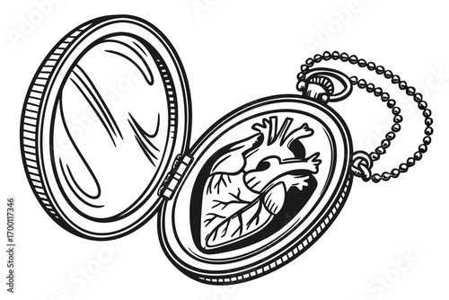 Open locket containing a detailed anatomical heart illustration