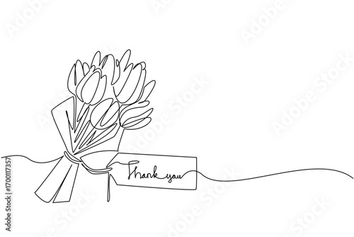 A one line drawing of tulips arranged in a bouquet with a thank you tag note paper, symbolizing a nature concept of elegance and appreciation, created for Thank You Day celebration of gratitude.