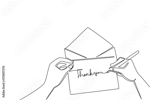 A creative continuous line drawing of hands writing a thank you card in an envelope, representing personal gratitude and thoughtful gestures as part of a touching business concept for Thank You Day.