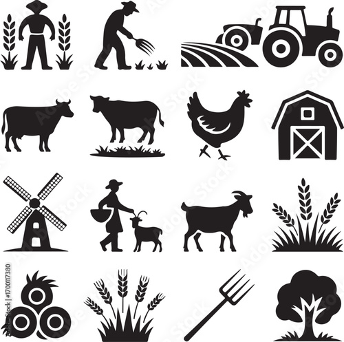 Farm and Agriculture Icons Silhouette Collection Keywords: farm, agriculture, farmer, wheat
