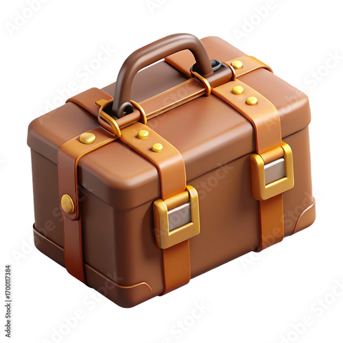 Vintage brown leather suitcase with straps and buckles, isolated on transparent background