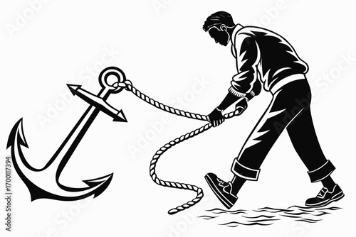 Man pulling anchor rope nautical illustration