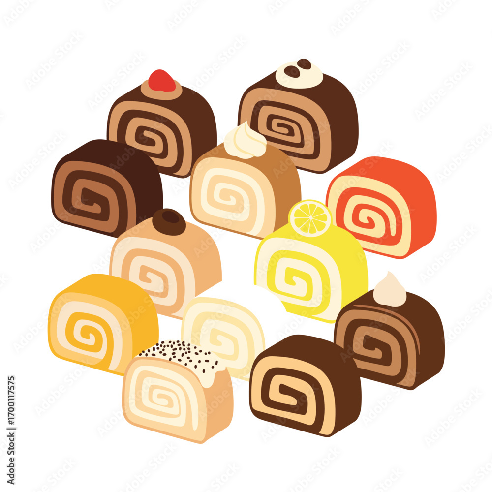 Fototapeta premium A delicious assortment of sweet rolled cakes with creamy fillings and chocolate glaze