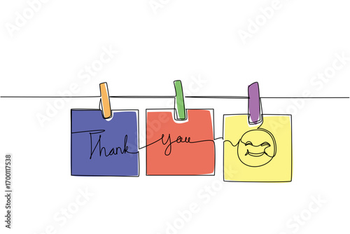 A one line drawing of thank you notes hanging on a string with clips, expressing a business concept of shared appreciation and celebration of Thank You Day with creativity and joyful communication.