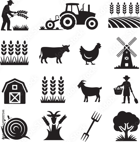 Black silhouette icons representing farming and agriculture Keywords: farmer, harvesting, wheat