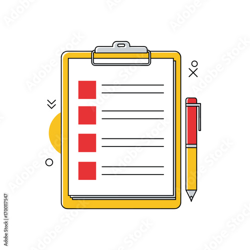 Checklist clipboard with pen and icons for tasks and planning simple flat illustration
