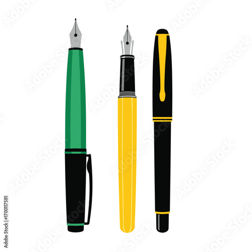 Collection of elegant fountain pens with distinct nib styles ready for writing