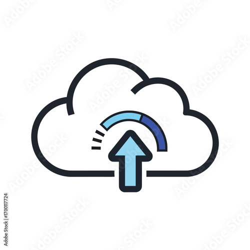 Cloud upload icon with progress bar isolated on white background, representing data transfer, backup, and cloud computing services