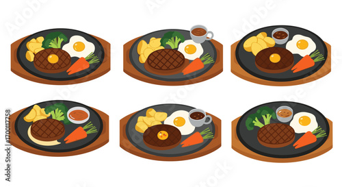 A collection of delicious sizzling steak plates featuring eggs vegetables and potatoes a hearty meal presentation