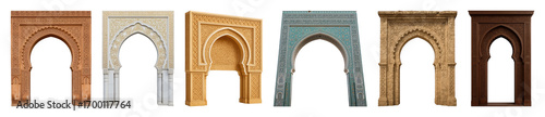 Moroccan arch set including carved stone, wood, and mosaic tile styles isolated. Islamic and Moorish architecture design elements.