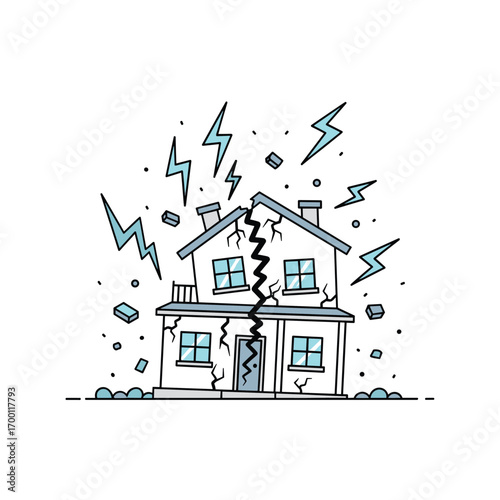 Illustrating a cracked house experiencing tremors and electrical discharges symbolizing destructive forces and structural damage occurring