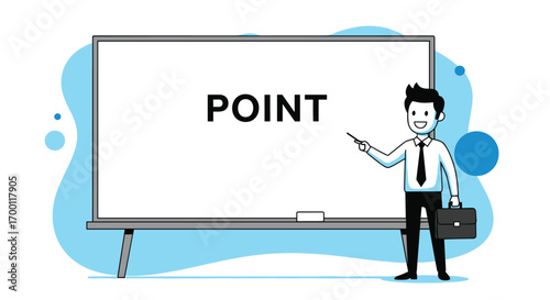A business man stands next to a whiteboard pointing to the word point ready for presentation