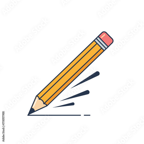 A sharpened yellow pencil creating strokes on a white surface illustrating the act of writing and drawing concepts
