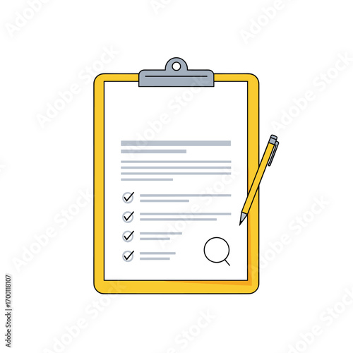 Checklist document with pen and magnifying glass illustration for various projects and tasks