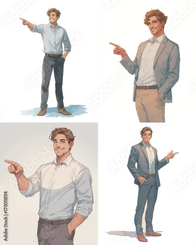 A young man stands confidently in different professional outfits, pointing and gesturing as if explaining something. The backgrounds are neutral, emphasizing his expressions.