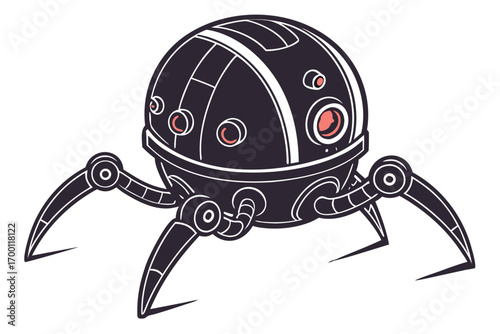 Stylized dark robot with multiple legs and red eyes