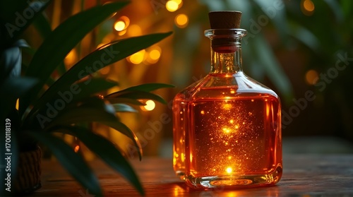 Golden elixir in a glass bottle with sparkling light adding a touch of magic and mystery