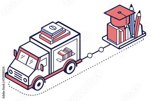 Delivery truck transporting educational materials to a graduation cap and books
