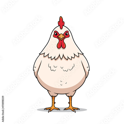 An adorable white hen standing proudly with its beak slightly open looking directly forward