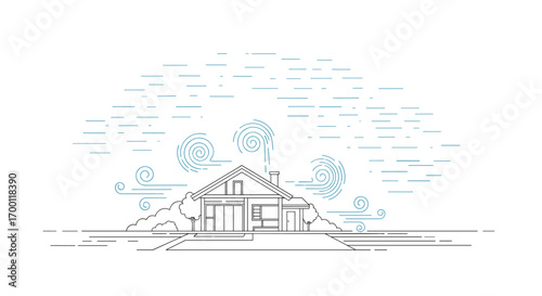 Modern house design architectural sketch with snowflakes and abstract elements floating around