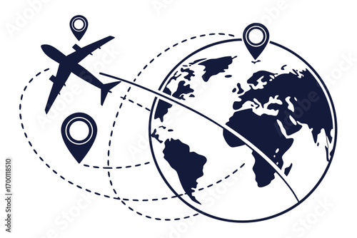 Airplane travel routes around the world with location pins