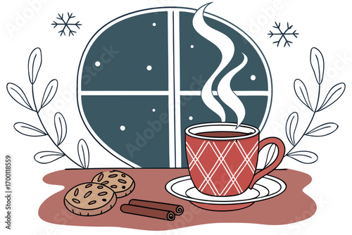 Cozy winter scene with hot chocolate and cookies by the window