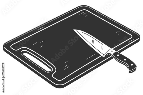 A knife rests on a dark cutting board